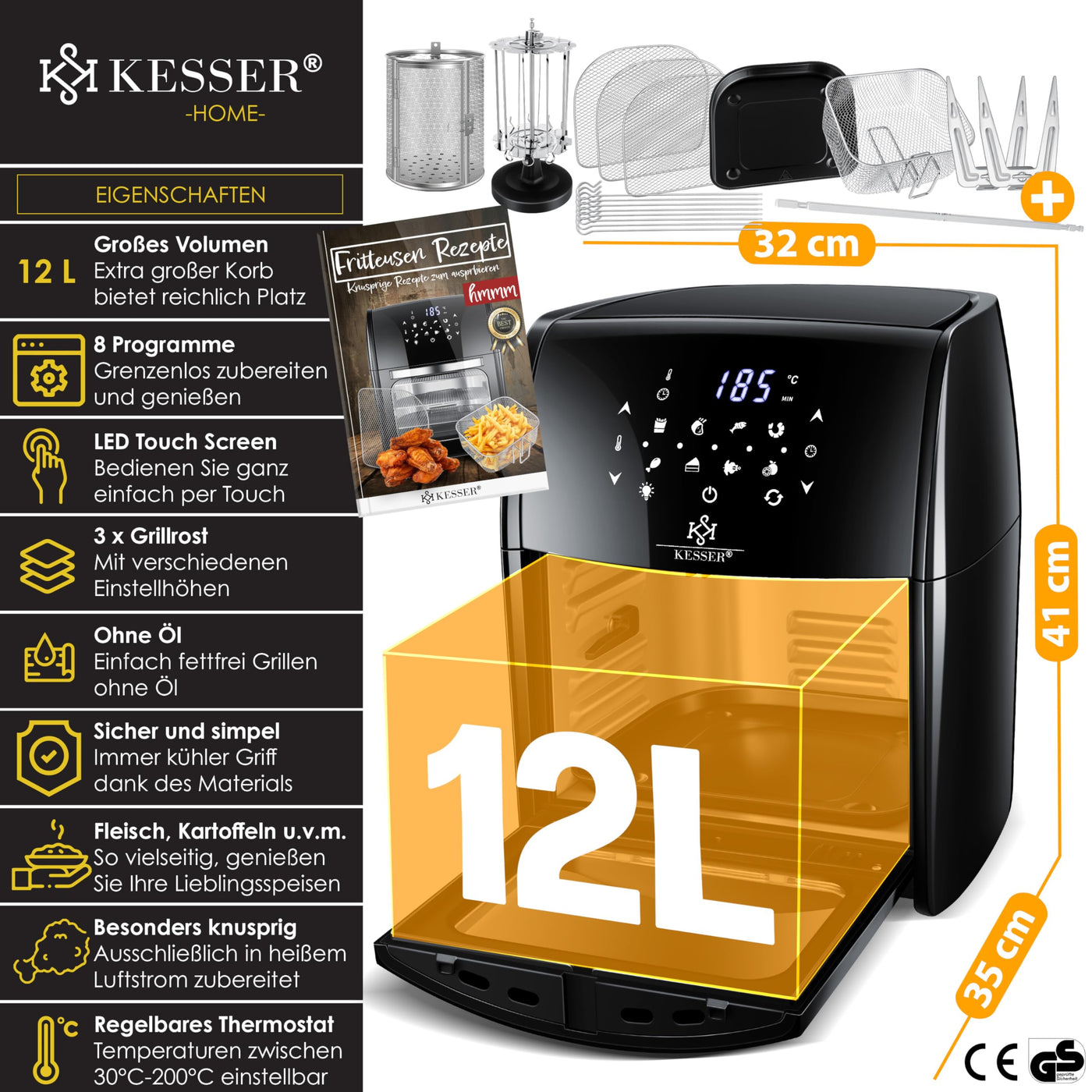 KESSER® XXL Airfryer 9in1 Heißluftfritteuse Fritteuse, | Drehgrill | Dörrautomat | Rezeptheft | Grillspieß | 1800 Watt | fettfrei grillen ohne Öl | 8 Programme | inkl. Zubehör Schwarz