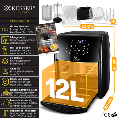 KESSER® XXL Airfryer 9in1 Heißluftfritteuse Fritteuse, | Drehgrill | Dörrautomat | Rezeptheft | Grillspieß | 1800 Watt | fettfrei grillen ohne Öl | 8 Programme | inkl. Zubehör Schwarz