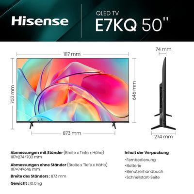 Hisense 50E7KQ QLED Smart TV 127cm (50 pouces), 4K, HDR10, décodage HDR10+, HLG, Dolby Vision, DTS Virtual, panneau 60Hz, Bluetooth, Alexa intégré, VIDAA Voice, noir [2023