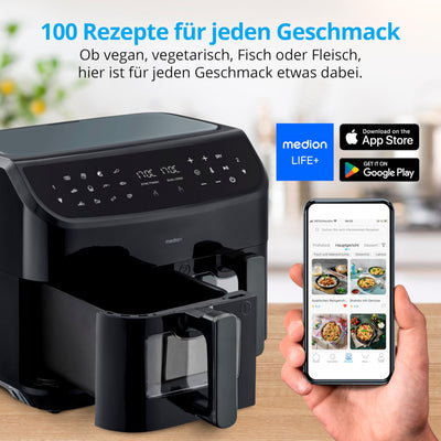 MEDION P20 XXL Heißluftfritteuse mit 2 Kammern (8,7 Liter, 2.600 Watt, Doppelkammer, 9 Automatikprogramme, 2 Schubladen, Sichtfenster, Dualer Airfryer, Dual Cook & Sync-Finish Funktion)