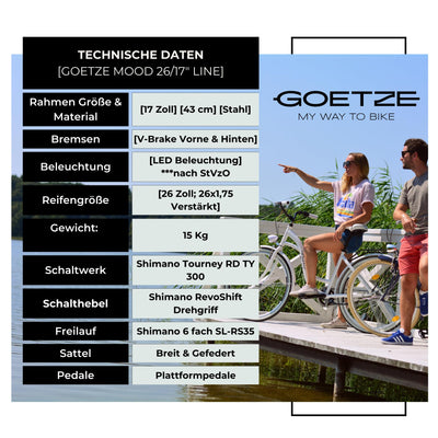 Goetze Mood 26 Zoll Damen Citybike, 17 Zoll Tiefeinsteiger Rahmen, 6-Gang Kettenschaltung, V-Bremse, LED-Beleuchtung, Gepäckträger, Komfortsattel, Schutzbleche, Rattankorb mit Stoffeinsatz!