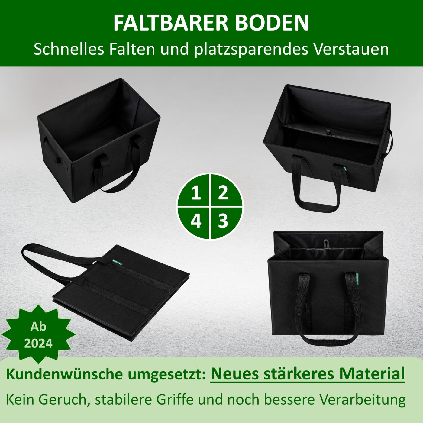 COTTARA® große Einkaufstasche faltbar 3er Pack & Obstnetz – stabiler großer Einkaufskorb faltbar mit verstärktem Boden – Ideale Einkaufstasche für Einkaufswagen & Kofferraum – 80 L Schwarz