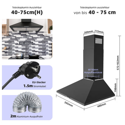 FIREGAS Wandhaube,Dunstabzugshaube 60 cm mit bürstenlosem DC-Moter,UMLUFT/ABLUFT möglich,3 Gebläsestufen,LED Beleuchtung,2 Fettfilter,Schwarz