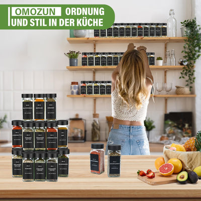 Gewürzgläser Eckig mit Etiketten Set 24er: Kleine Gewürzdosen Glas 120ml mit Streueinsatz Wasserfeste Labels - Aufbewahrung von Gewürzaufbewahrung für die Küche Schublade - Gewürzstreuer Schwarz