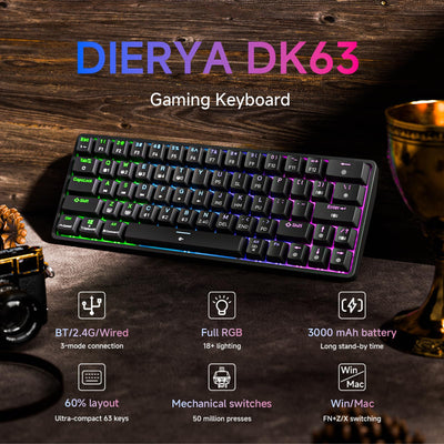 Dierya DK63 Gaming Tastatur,60% Kabellos Mechanische Tastatur mit Bluetooth/2.4G/Typ-C,Compact 63 Tasten Anti-Ghosting,RGB-Hintergrundbeleuchtung,US Layout,Linear Red Switch,Schwarz