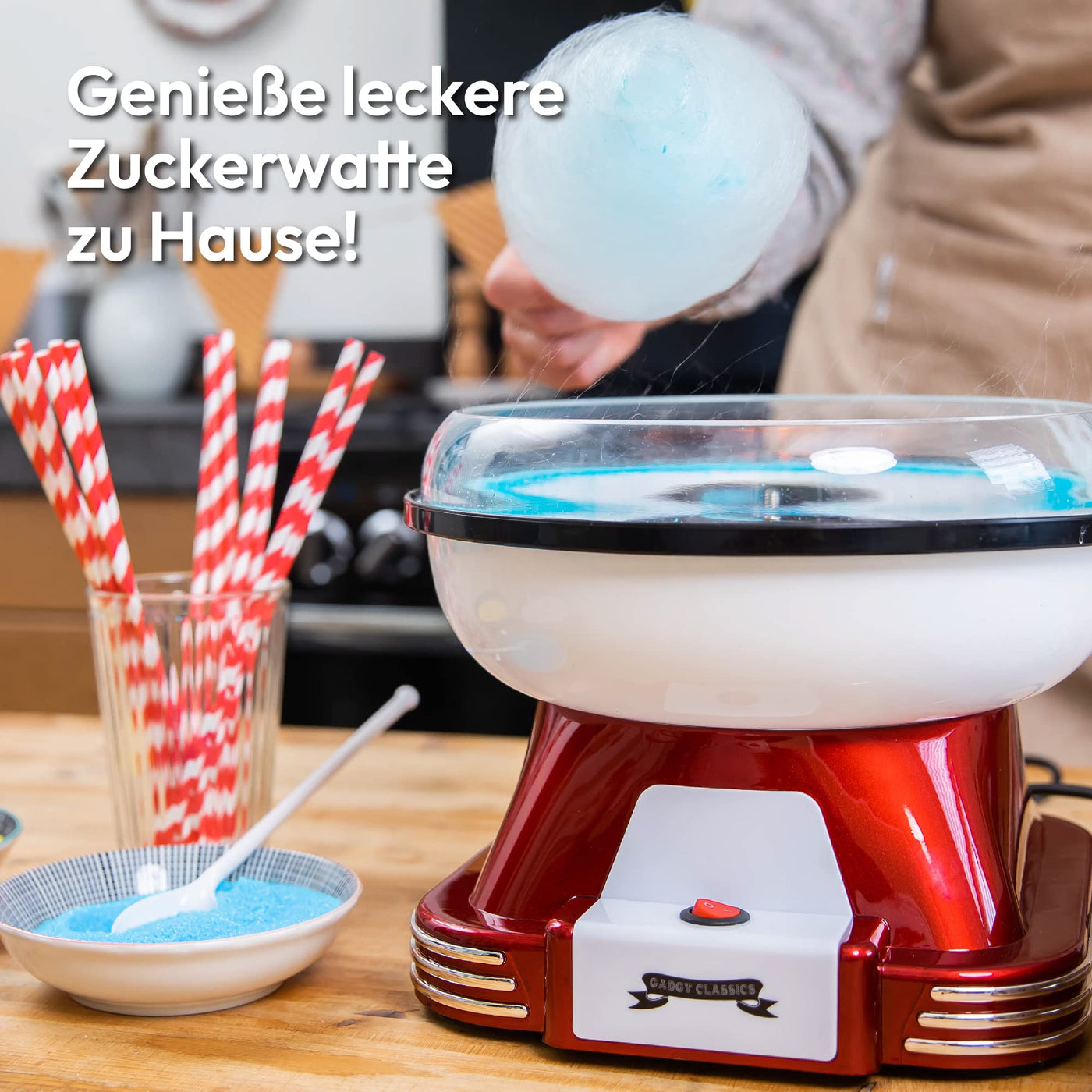 Gadgy Zuckerwattemaschine - Retro Cotton Candy Machine - Zuckerwatte Maschine mit Stäbchen und Messlöffel - Höhe 22 cm Rot Weiß - 500 Watt Zuckerwattenmaschiene für zuhause