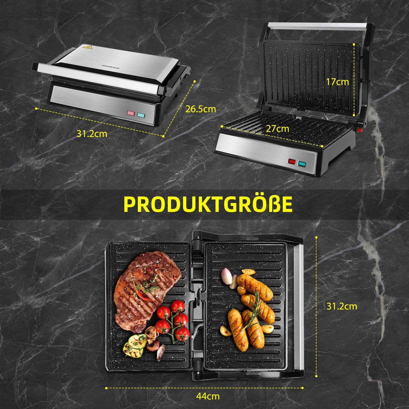 Aigostar Hett pro- Kontaktgrill für Sandwiches, Steak und als Panini Grill, Sandwichmaker mit Antihaftbeschichtung, 1500W Panini Grill mit Abnehmbare Ölsammelbox, 180º Öffnung.