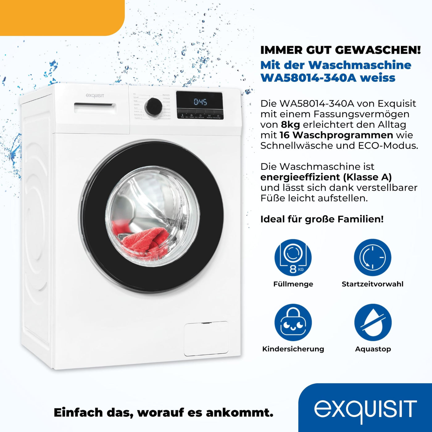 Exquisit Waschmaschine 8kg, Energieeffizienzklasse A, max. 1400 U/Min, Schnellprogramm, Startzeitvorwahl (3-24 Std.), Kindersicherung, Aquastop, ECO, 16 Waschprogramme, WA58014-340A weiss