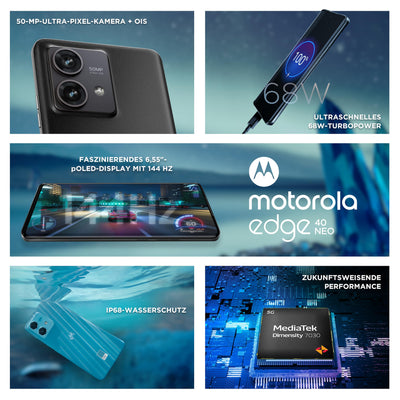 Motorola Mobility Edge40 neo Smartphone (6,55'-FHD+-Display, 50-MP-Kamera, 12/256 GB, 5000 mAh, Android 13) Black Beauty, inkl. Schutzcover + KFZ-Adapter [Exklusiv bei Amazon]