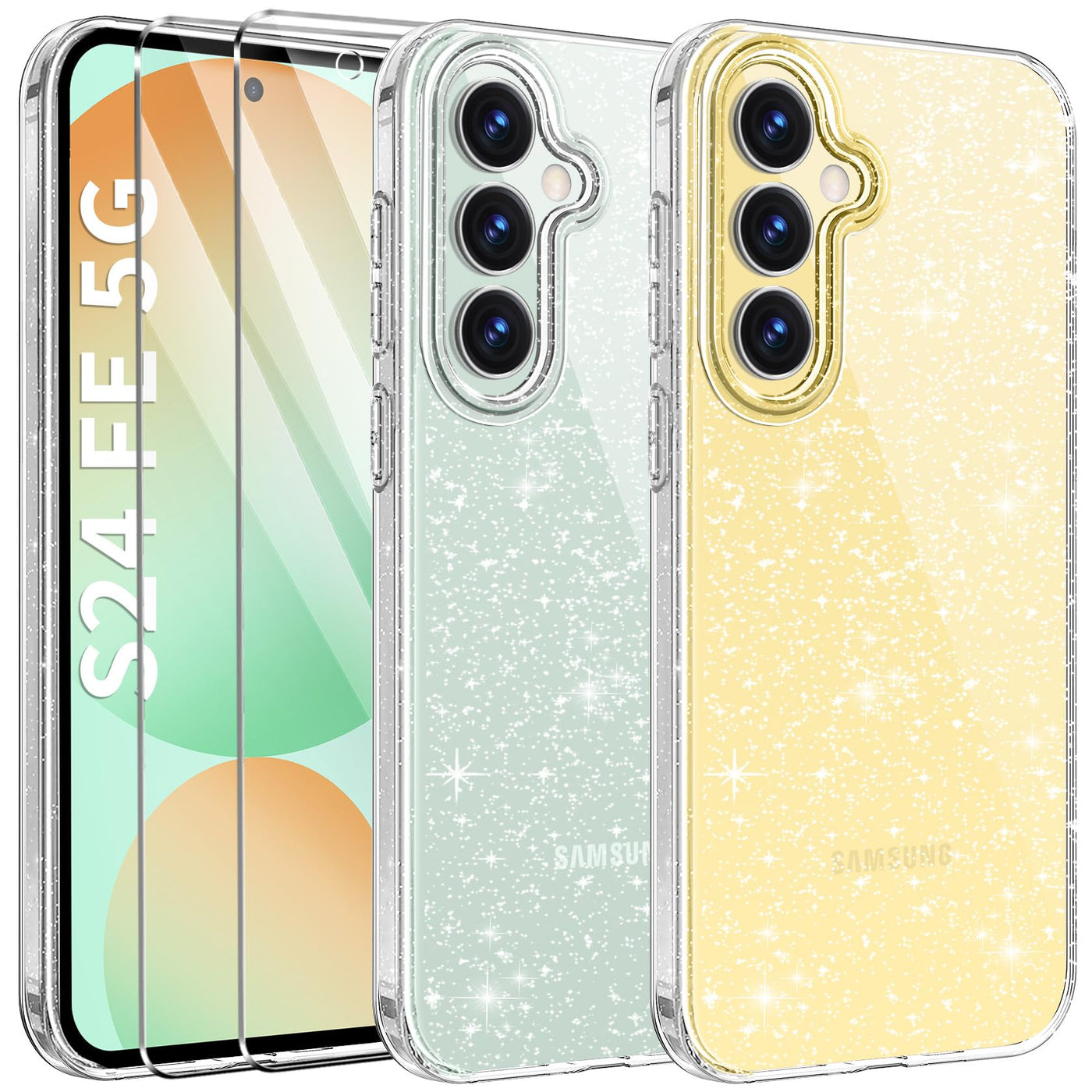 AROYI 3 in 1 Klar Glitzer Handyhülle Kompatibel mit Samsung Galaxy S24 FE 5G Hülle Glitzer mit 2 Stück Schutzfolie, Handyhülle Samsung S24 FE Transparent Weiche TPU Silikon Case [Anti-Yellowing]