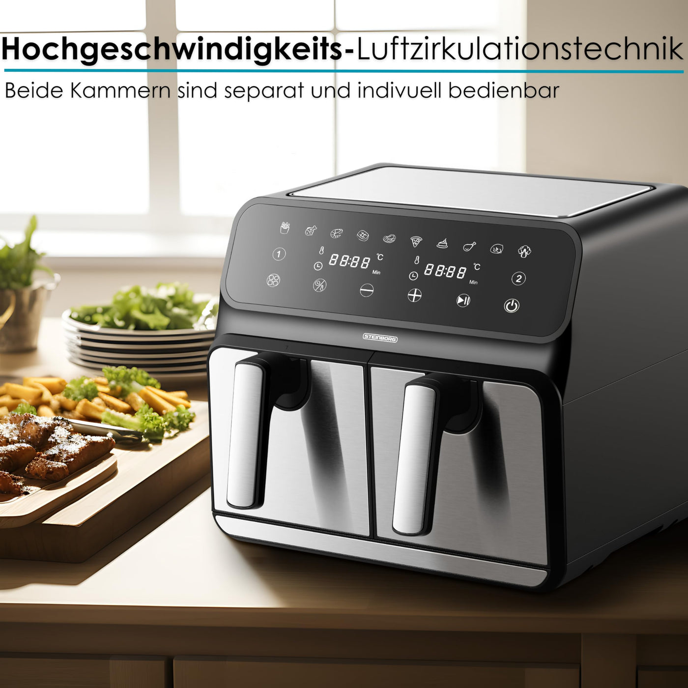 Heißluftfritteuse | 2 Kammern | Heissluftfritteuse | 4 in 1 Mini Backofen | Fritteuse | Dörrautomat | Grillen Backen Dörren Frittieren | Friteuse ohne Öl | Air Fryer | Heißluftofen | Heißluftgrill