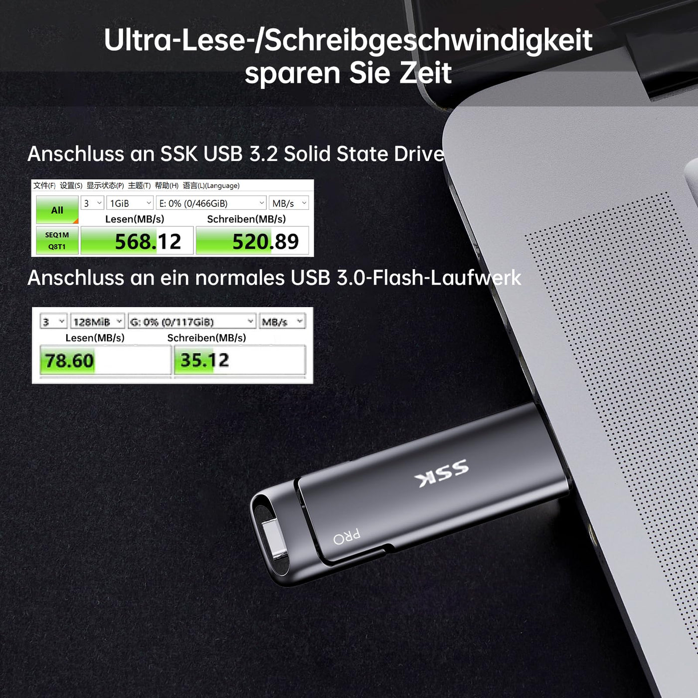 SSK USB C Externe SSD 128GB, mit bis zu 550 MB/s Extreme schneller USB-Stick, Dual-USB Typ C + USB A USB3.2 Gen2 Speicherstick für Android-Telefon, Laptop, Tablet, Mac