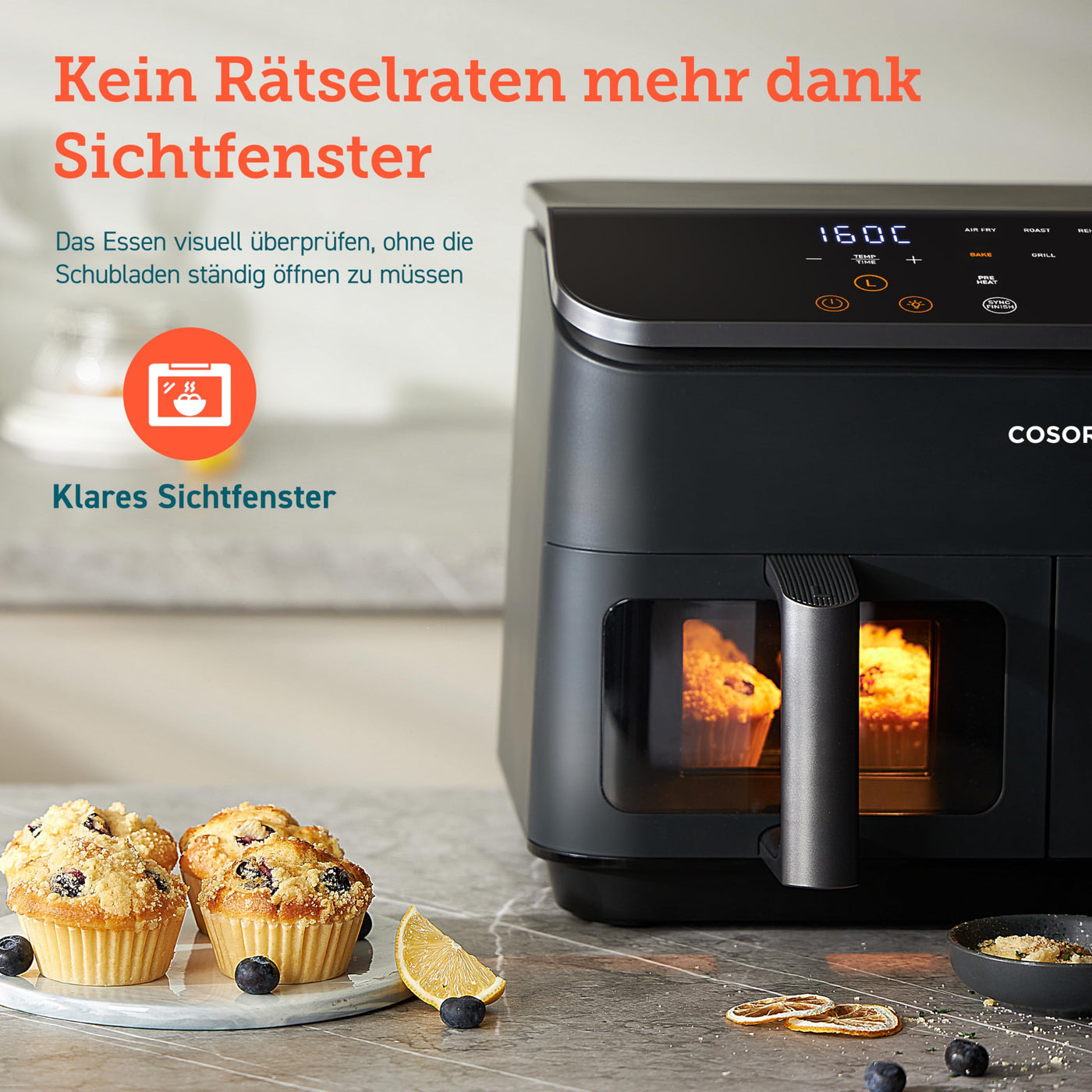 COSORI Heißluftfritteuse 2 Kammern Airfryer, 8-in-1 Dual Zone Air Fryer XXL 8,5 L, Heissluftfritteuse Doppelkammer mit Sichtfenster für ausgewogene Mahlzeit, 50 Rezepte, energiesparend, 1-5 Personen