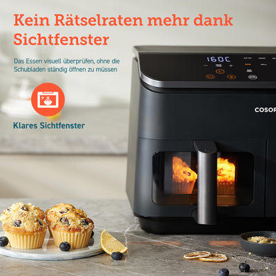 COSORI Heißluftfritteuse 2 Kammern Airfryer, 8-in-1 Dual Zone Air Fryer XXL 8,5 L, Heissluftfritteuse Doppelkammer mit Sichtfenster für ausgewogene Mahlzeit, 50 Rezepte, energiesparend, 1-5 Personen