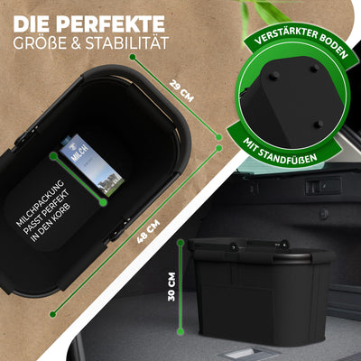 Cottara® stabiler Einkaufskorb groß | Tragekorb mit Henkel und verstärktem Boden, Frontfach und Innentasche mit Reißverschluss | Ideal als Einkaufstasche, Picknickkorb oder Shopper (Schwarz)