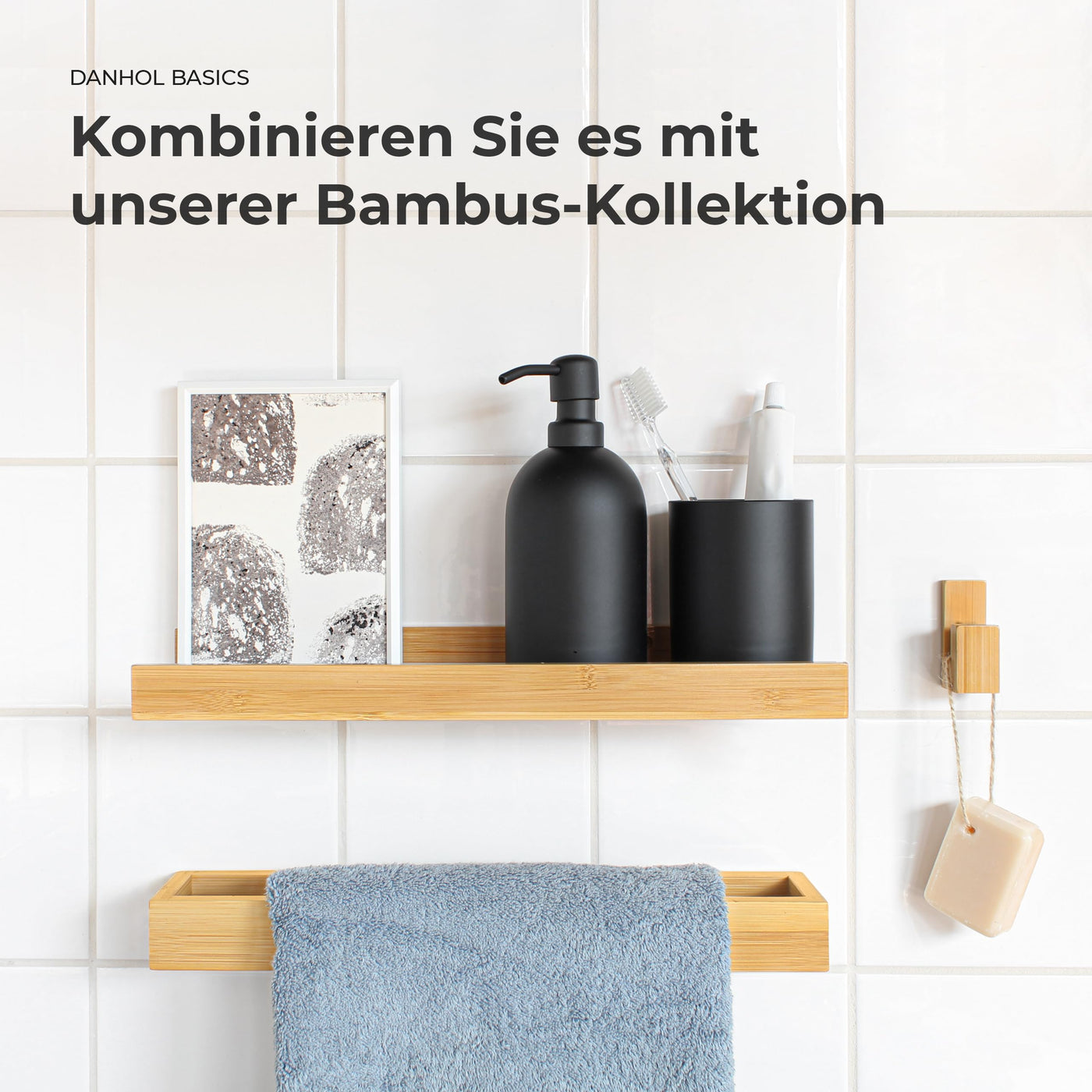 danhol® Badregal | Ohne Bohren (Selbstklebend) | Wandregal ohne Bohren für Badezimmer Küche Wohnzimmer | Kleberegal Bad aus Bambus | 2 Einheiten