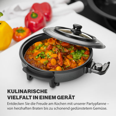 Clatronic® Pizza-/Partypfanne | Multifunktionspfanne zum Kochen, Braten, Dünsten und Warmhalten | Antihaftbeschichteter Bräter | elektrische Bratpfanne Inkl. Glasdeckel | PP 3402