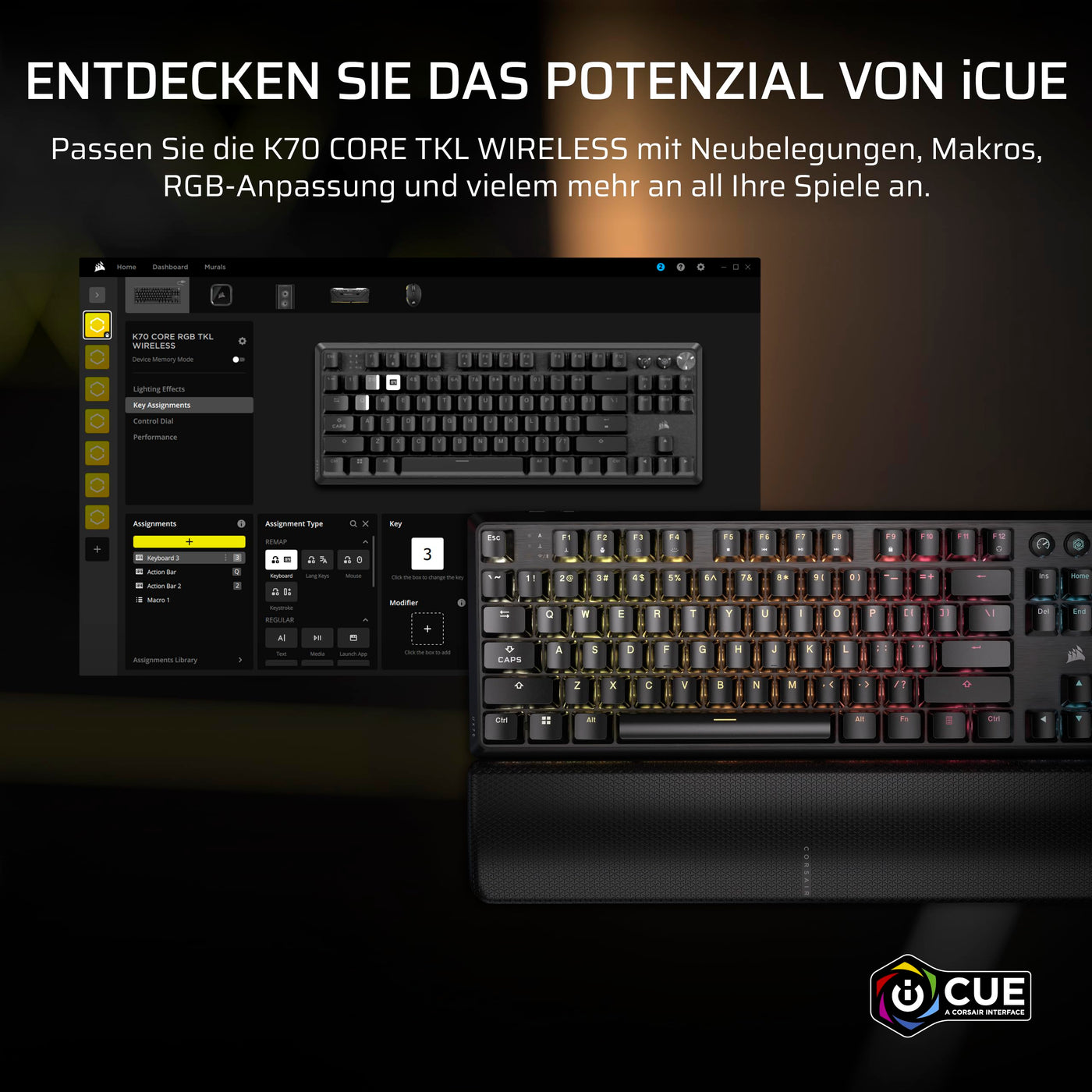 Corsair K70 CORE TKL Wireless RGB Mechanische Tenkeyless-Gaming-Tastatur – Vorgeschmierte MLX Red v2 Linear Switches – Zweischichtige Schalldämpfung – ABS Keycaps – QWERTZ DE – Schwarz