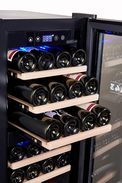 BODEGA43-24 Weinkühlschrank - Weinkühlschrank 2 Zonen, 5-20 ºC, 80 Liter, 24 Flaschen, 6 Regaleinschübe, Vollglas-Designtür mit Touchpanel, Geräuscharm (43 dB) & sehr vibrationsarm, Schwarz