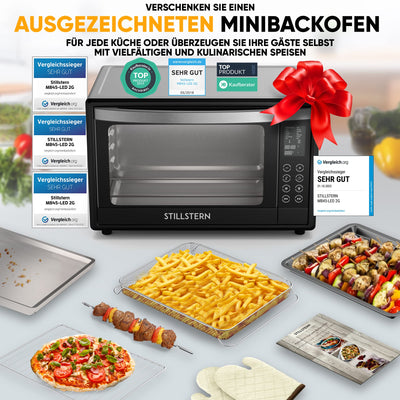 Stillstern Minibackofen mit Umluft (45L) DE Version, Pizza Ø32cm, NEU: CYCLONE PRO+ (Antihaftbeschichtung), 13 Programme, Auftauen&Warmhalten, 8h Timer, Rezeptheft, Mini Backofen Pizzaofen Grill