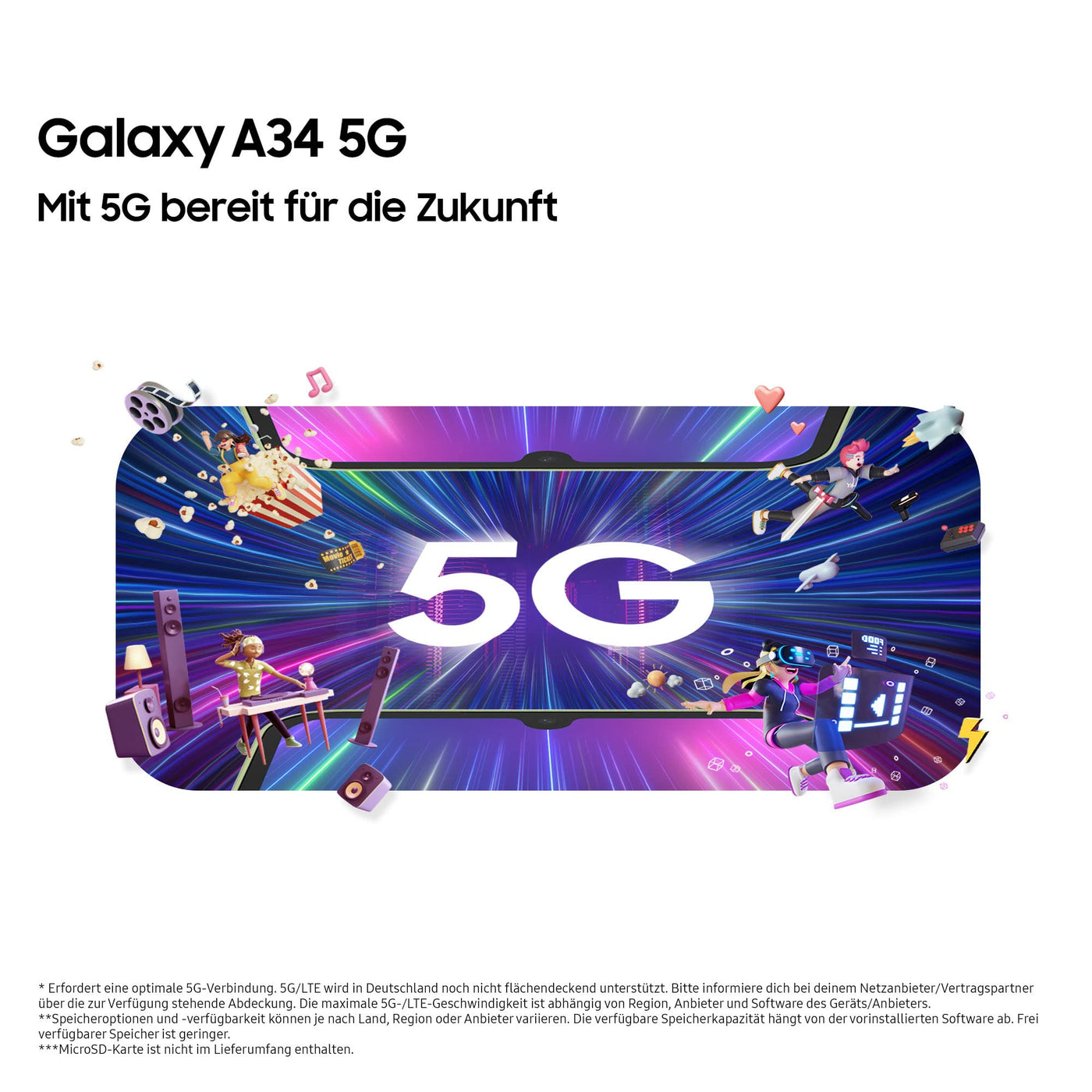 Samsung Galaxy A34 5G, Android Smartphone, 6,6 Zoll Dynamic AMOLED Display, 5.000 mAh Akku, 256 GB/8 GB RAM Handy in Awesome Silver inkl. 30 Monate Herstellergarantie [Exklusiv bei Amazon]