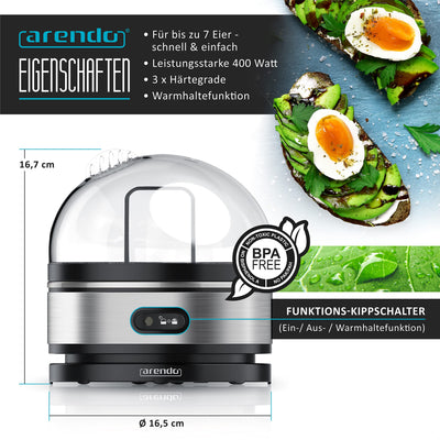 Arendo Sevencook Eierkocher 400 W – Edelstahl Design - 1-7 Eier - Egg Cooker - EIN/AUS-Schalter – 3 Härtegrade wählbar - Warmhaltefunktion - Signalton - BPA-frei - silber