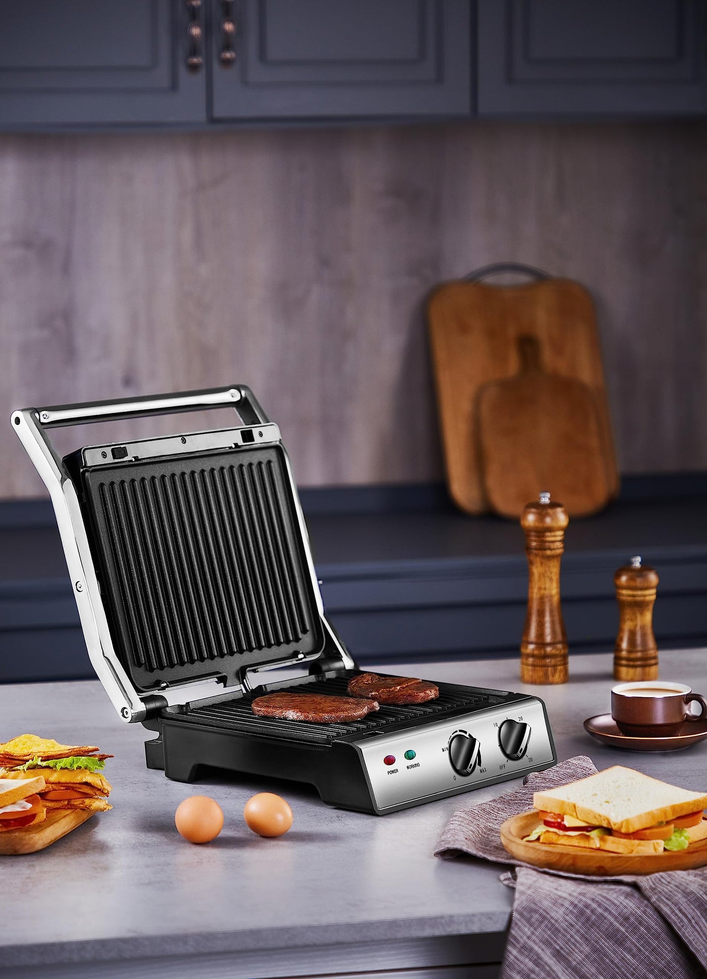 XXL Kontaktgrill abnehmbare Platten | 30 Minuten Timer | Panini Toaster | Sandwichtoaster | elektrischer Tischgrill | Kontaktgrill für Sandwiches, Steak und als Panini grill | Elektro Grill