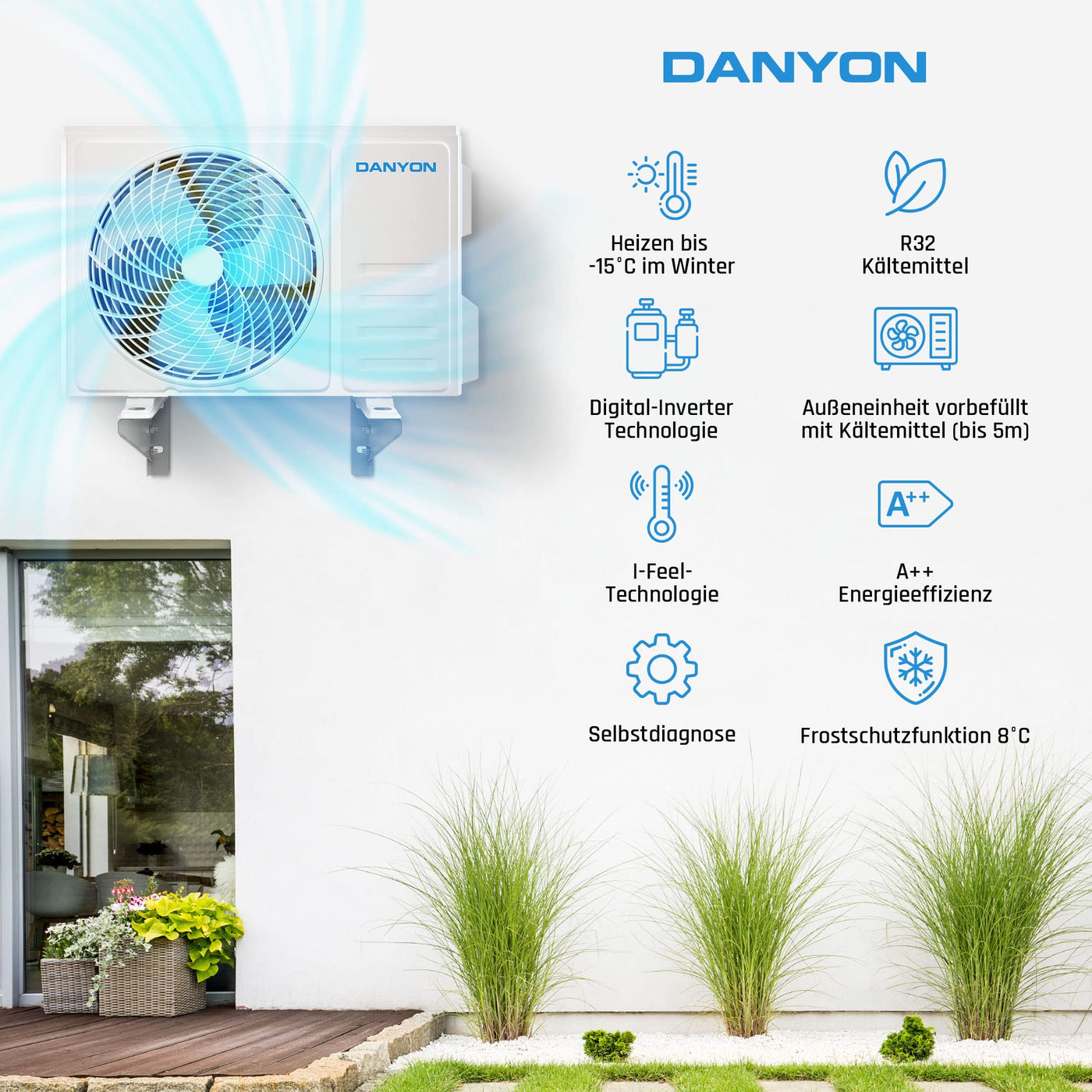 Danyon Split Klimaanlage Quick Connect - 12000 BTU (3,4 kW) - Inverter Klimagerät mit Heizfunktion, WiFi und App - bis 55qm - sehr leise - 5m Kupferleitung, Kältemittel R32, Montageset