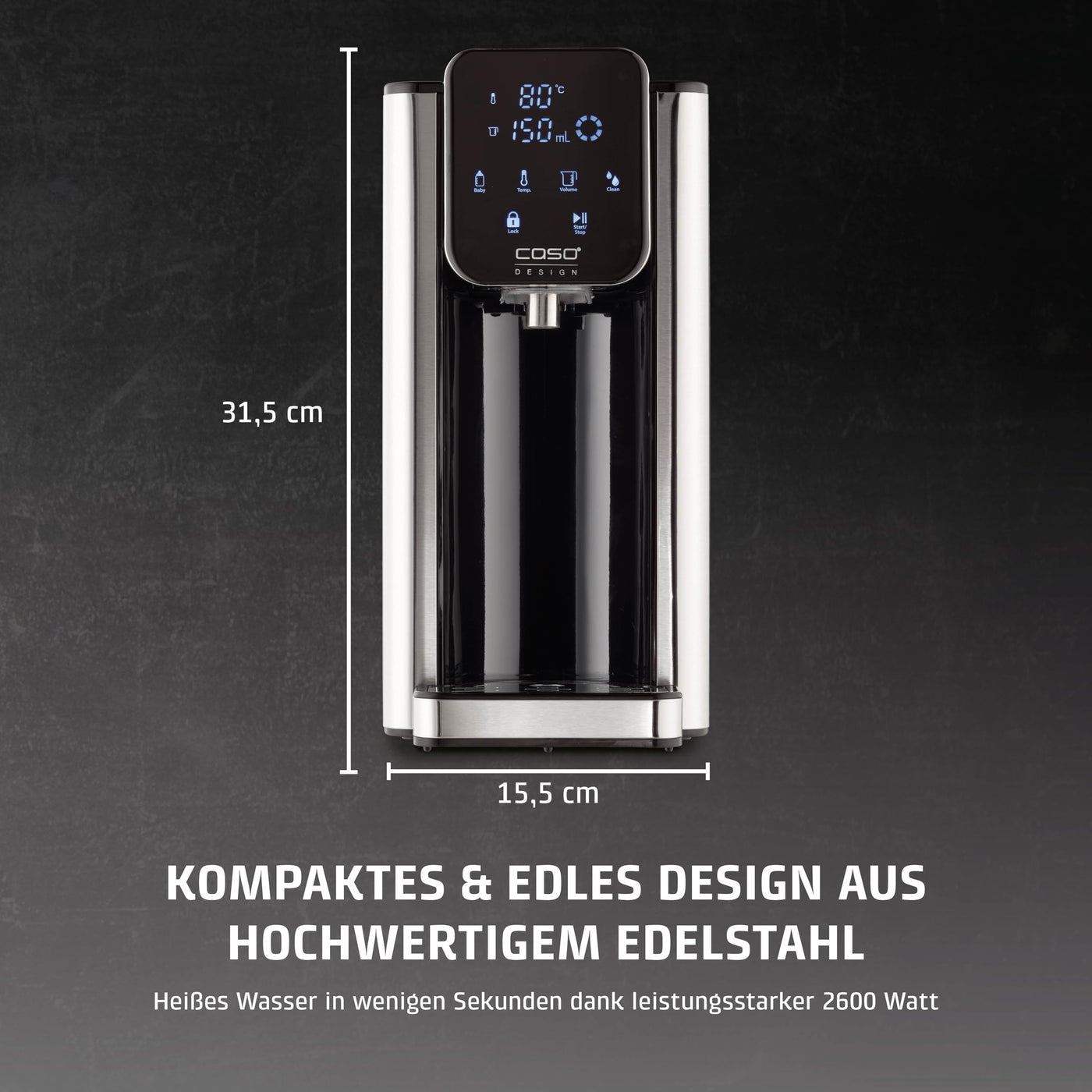 CASO HW 660 Heißwasserspender - heißes Wasser in wenigen Sekunden, spart bis zu 50% Energie gegenüber Wasserkochern, 8 Mengenausgaben, für Babynahrung geeignet, Integrierte Entkalkungserinnerung