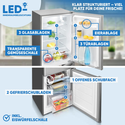 Bomann Kühlschrank mit Gefrierfach 143cm hoch | Kühl Gefrierkombination 173L mit 3 Ablagen & 3 Schubladen | Türanschlag wechselbar | leise Kühlgefrierkombi 40db | Kühlschrank KG 7359 inox