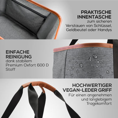 Selinchen® - Premium Einkaufskorb | Hochwertige Einkaufstasche faltbar und mit PU-Ledergriff | Ideal als eleganter Picknickkorb oder Shopper | 30 Liter (Grau)