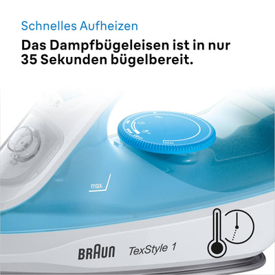 Braun TexStyle 1 Dampfbügeleisen SI 1050BL - Bügeleisen mit SuperCeramic Bügelsohle, Vertikaldampf, 2000 Watt, Blau