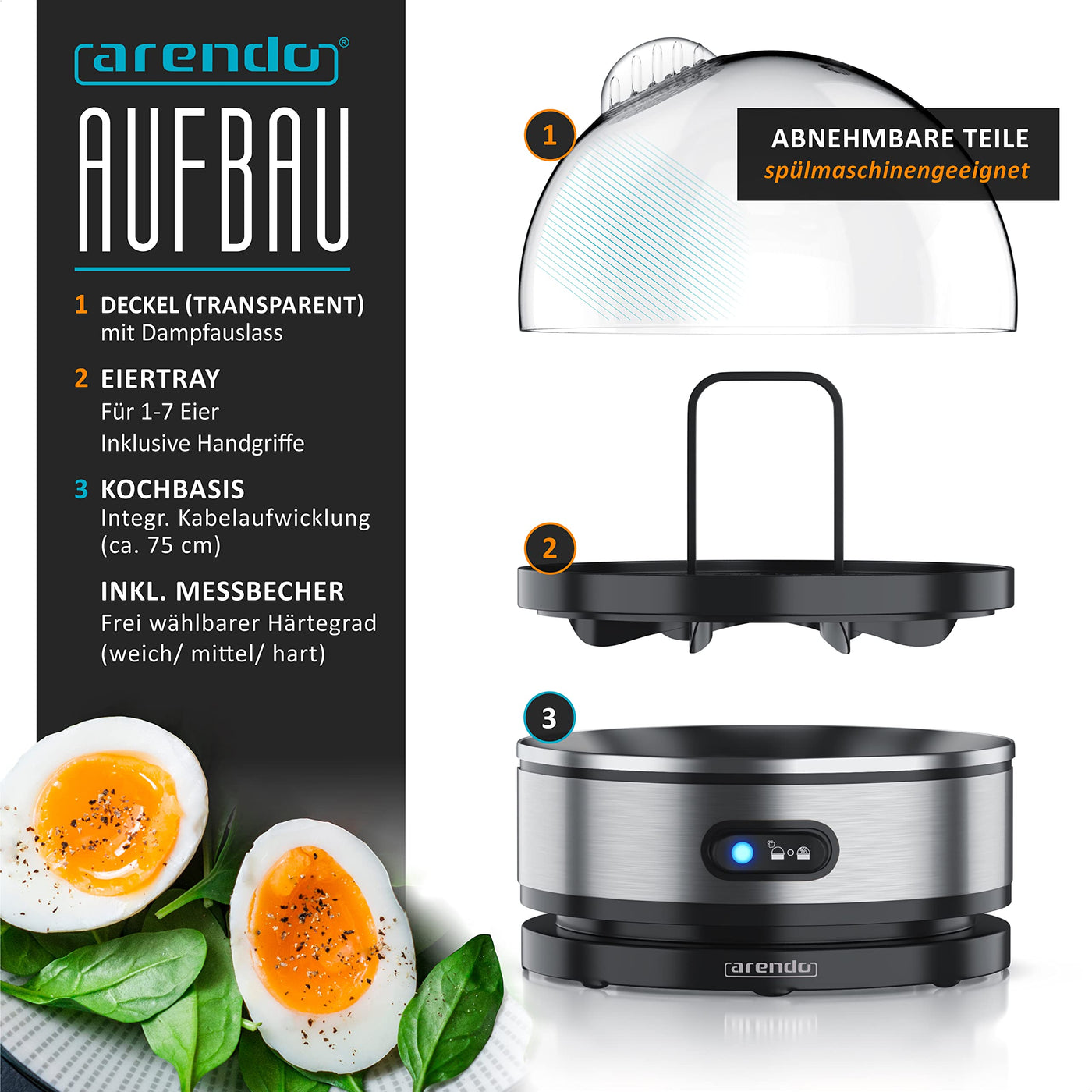 Arendo Sevencook Eierkocher 400 W – Edelstahl Design - 1-7 Eier - Egg Cooker - EIN/AUS-Schalter – 3 Härtegrade wählbar - Warmhaltefunktion - Signalton - BPA-frei - silber