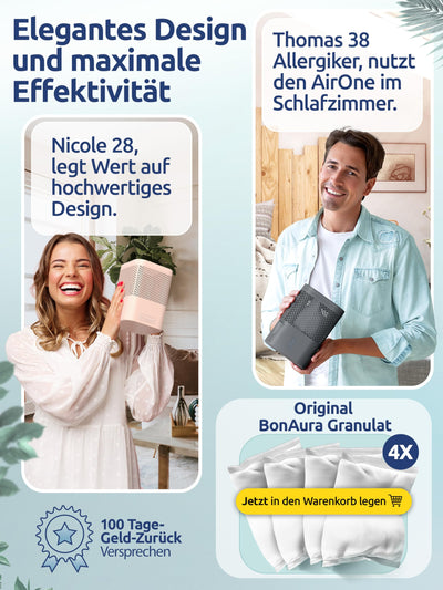 BonAura® AirOne Luftentfeuchter ohne Strom bis 23m² I 360° Belüftung I Raumentfeuchter mit Ausgießer & 680g Luftentfeuchter Granulat I Schimmel- und Geruchsschutz I Raum Entfeuchter Wohnung