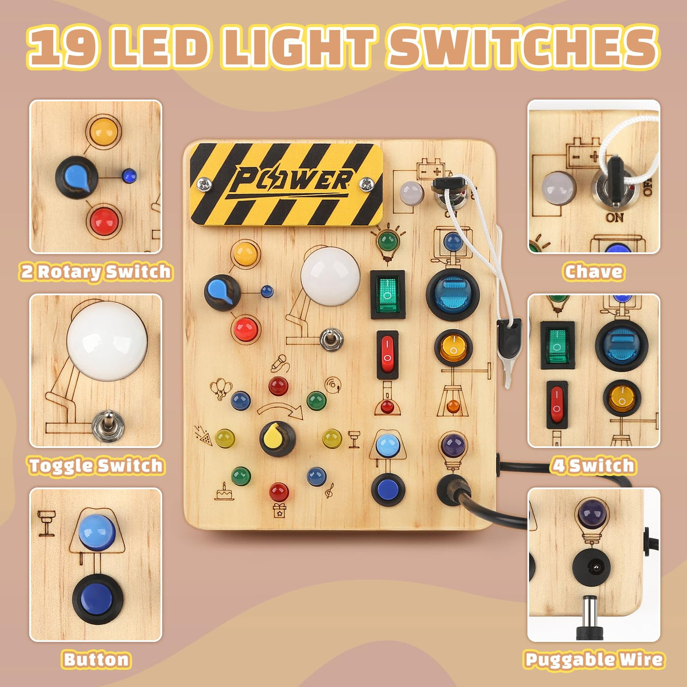 Joyreal Busy Board Baby Montessori Spielzeug ab 2 Jahr, Activity Board Motorikspielzeug mit 19 LED, Holzspielzeug Sensorik Spielzeug Lernspielzeug, Geschenk Jungen und Mädch ab 2 3 4 Jahr