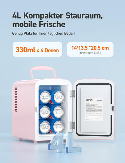 AstroAI Mini Kühlschrank 4 Liter, Kleiner Kühlschränk für Kosmetik und Getränke, Mini-Kühlschränke mit 220V AC/12V DC für Autos, Büros, Wohnheim, Reisen, Rosa