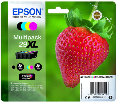 Epson Multipack 29XL Strawberry, Original XL High Yield Tintenpatronen, 4 Farben Schwarz, Cyan, Magenta, Gelb