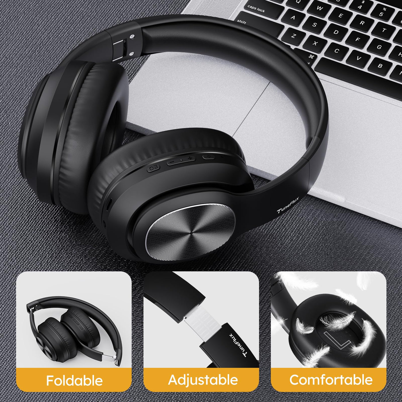 TuneFlux Bluetooth Kopfhörer Over Ear, 80 Std Akkulaufzeit, Kabellos Bluetooth Kopfhörer mit 3 EQ-Modi, HiFi-Stereo, Eingebautes Mikrofon, Faltbares Wireless Kopfhörer-Schwarz