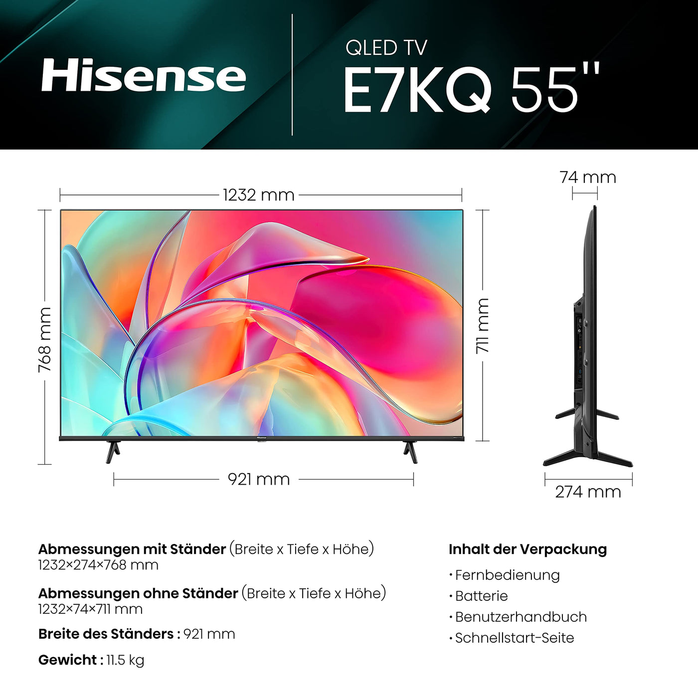 Hisense 55E7KQ QLED Smart TV 139 cm (55 pouces), 4K, HDR10, décodage HDR10+, HLG, Dolby Vision, DTS Virtual, panneau 60 Hz, Bluetooth, Alexa intégré, VIDAA Voice, noir