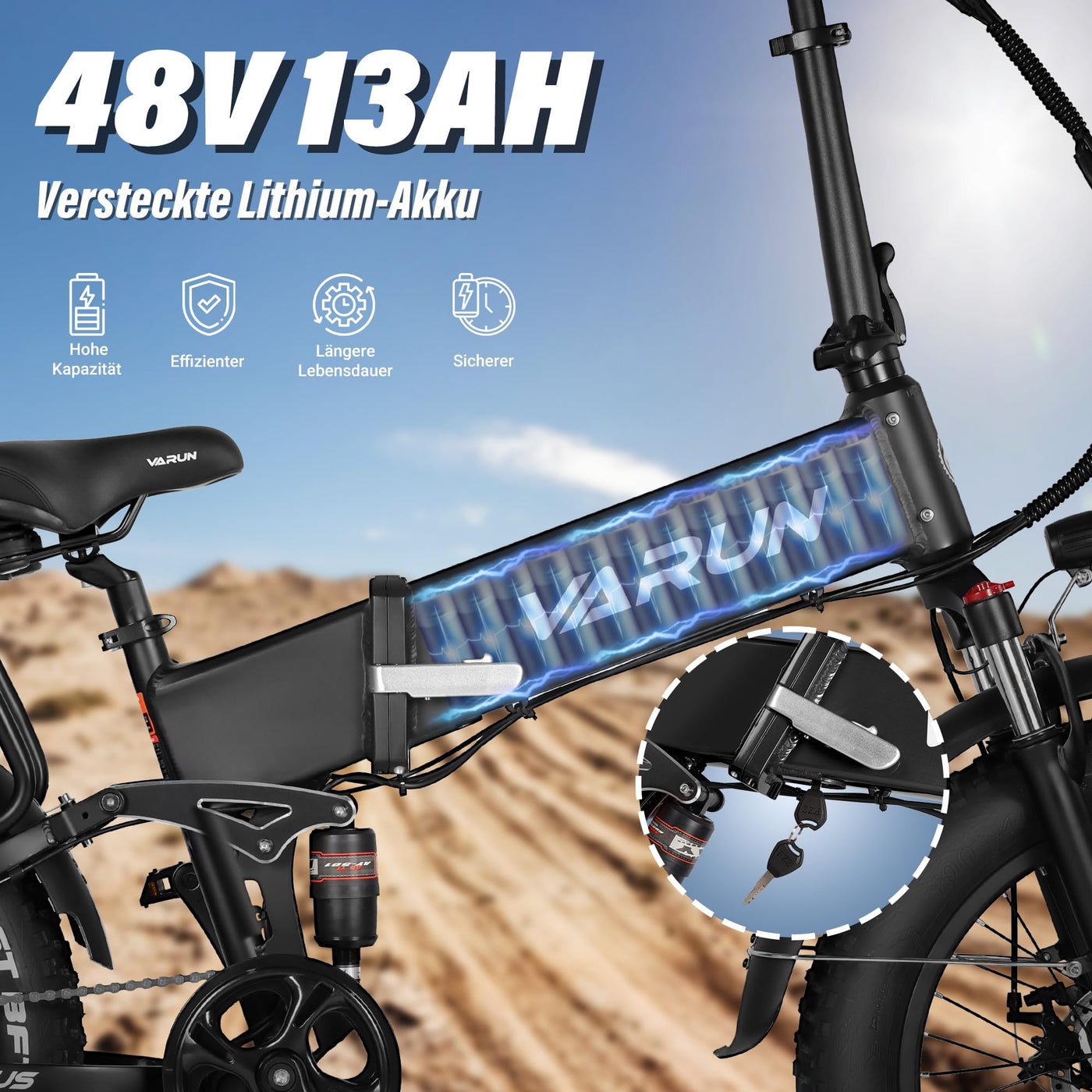 VARUN E Bike 20 * 4,0 Zoll Mountainbike, Elektrofahrrad Klapprad mit 250W Motor, 48V13Ah Lithium-Batterie, LCD-Meter, geeignet für Berg Schnee, Straße Fahren