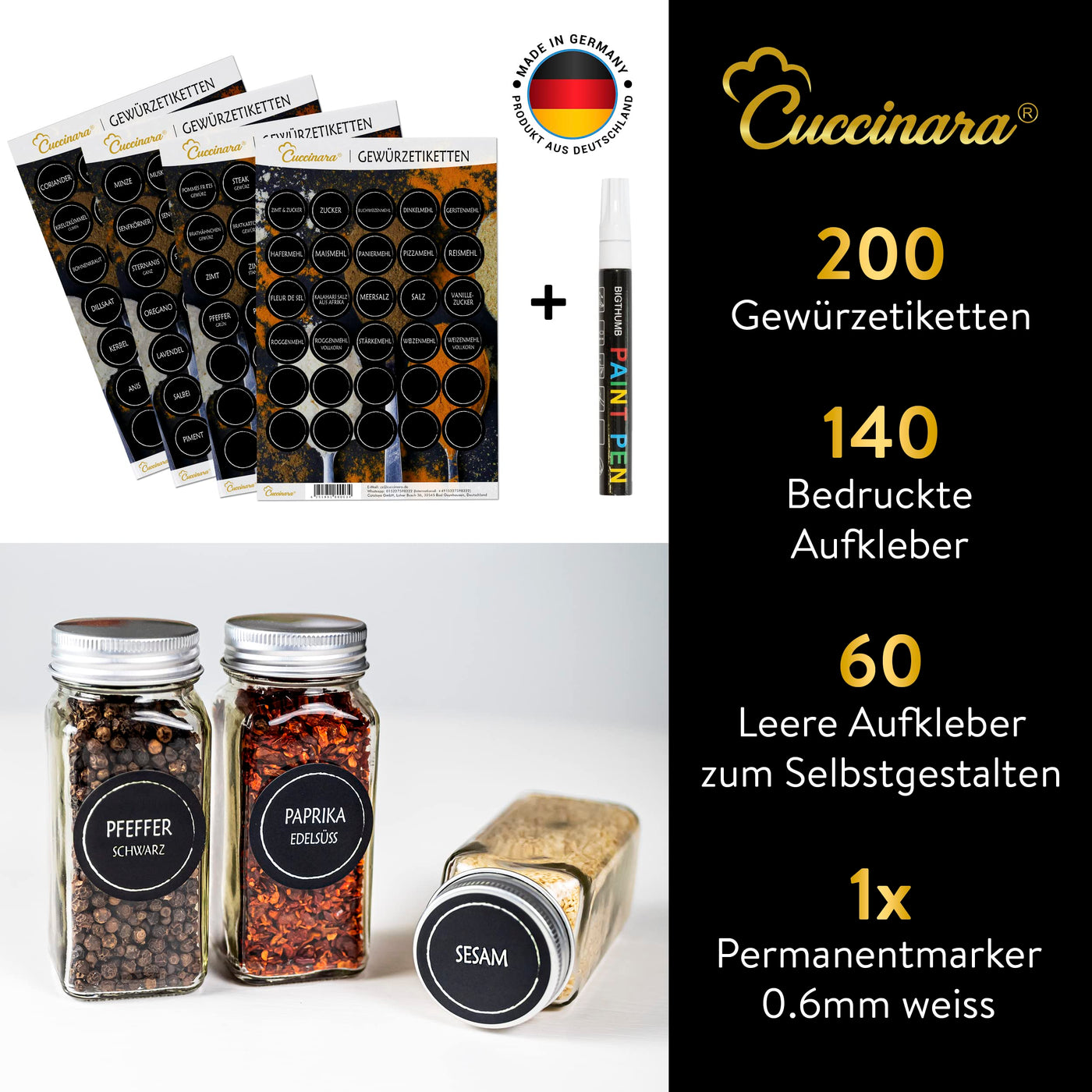 Cuccinara® Gewürzgläser Set [Eckig - 24 Stk. I 120ml - 10,5cm x 4,3cm] mit Gewürzetiketten, Streueinsatz & weißem Kreidestift zum Beschriften der Etiketten I Silikon Trichter + Reinigungsbürste