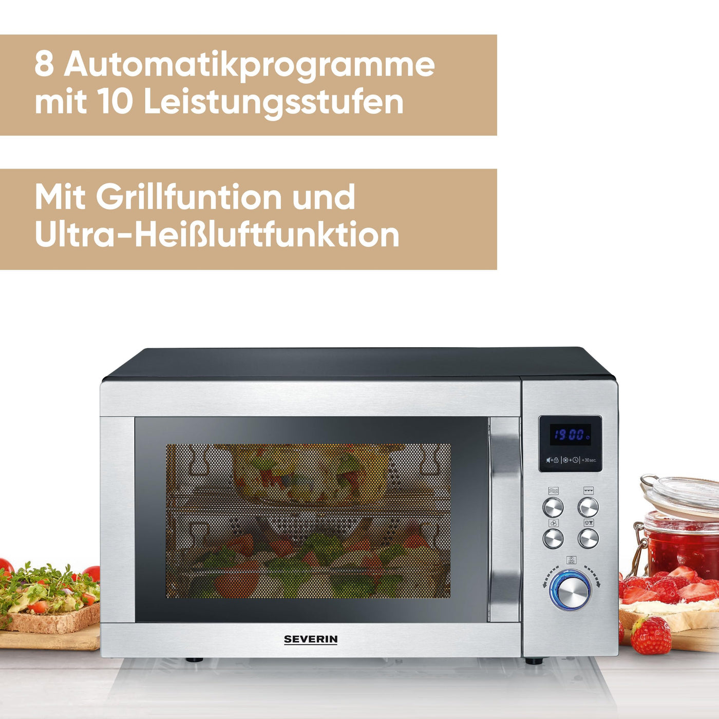 SEVERIN 3-in-1 Mikrowelle mit Grill und Ultra-Heißluftfunktion bis 230 C°, Grillen auf 2 Ebenen, flacher Glasboden statt Drehteller, XXL-Nutzfläche, leichte Reinigung, 25L, Edelstahl, MW 7777