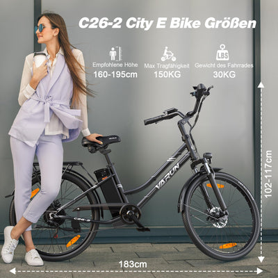 VARUN E Bike 26 Zoll, City E-Bike Damen Herren mit 55NM 250W Motor, 48V Li-Ion Akku, Elektrofahrrad mit LCD Display, 4+1 Fahrmodi, City E-Fahrrad mit bis zu 80KM