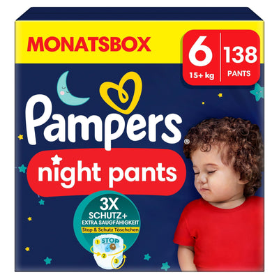 Pampers Night Windeln Pants Größe 6 (15+kg) Baby-Dry, MONATSBOX, Windelhöschen bieten zusätzlichen Schutz für die ganze Nacht, 138 Höschenwindeln