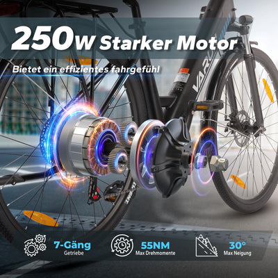 VARUN E Bike, 28 Zoll E-Bike Herren Damen mit 250W 55NM Motor, 48V 499.2Wh Akku, Elektrofahrräder E-Fahrrad mit 7-Gang-Getriebe, LCD-Display, Pedelec Citybike EBike Bis zu 100KM