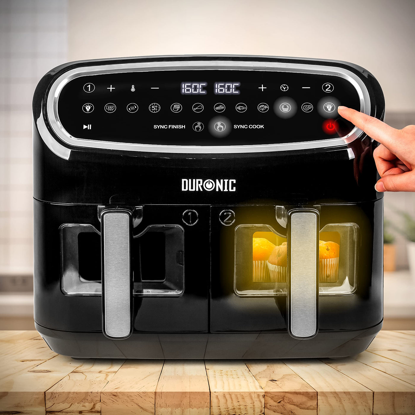 Duronic AF34 BK Heißluftfriteuse, XXL Heißluftfritteuse mit 2 Kammern für Pommes, Friteuse HLF 10L Volumen Airfryer, Air Fryer für Rezepte ohne Öl