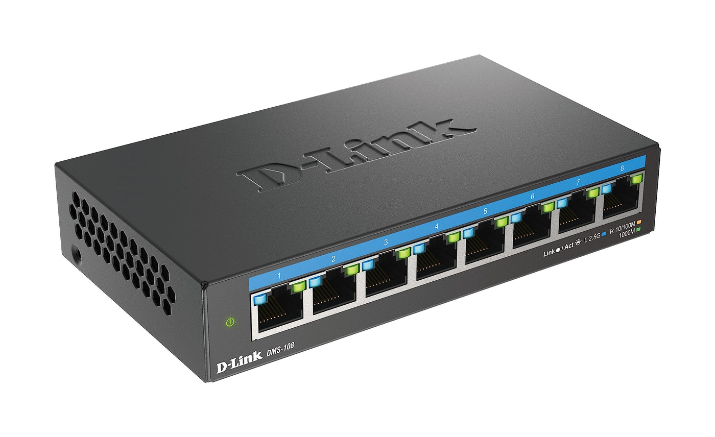 D-Link DMS-108 8-Port Multi-Gigabit Unmanaged Desktop Switch (8X 2,5G Ports, Lüfterlos, Kompakt, Metal Gehäuse, QoS, Plug and Play)