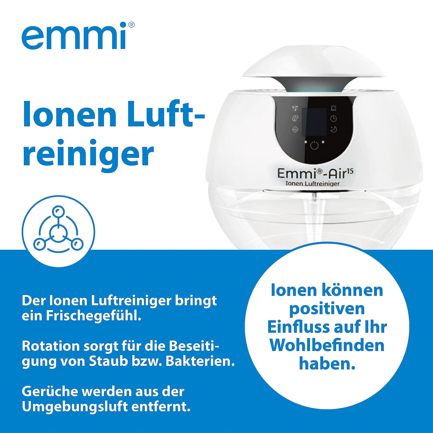 Emmi Air Ionen Luftreiniger - für Allergiker geeignet | bis zu 35 m² | Air Purifier mit geruchsneutralisierenden Ionen | Ideal gegen Staub, Viren, Pollen & Acrylgeruch