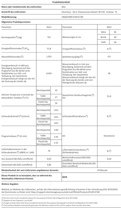 AEG Waschmaschine – Serie 6000 ProSense Mengenautomatik – 9 kg – Leise – Nachlegefunktion – Kindersicherung – Schontrommel – Vollwasserschutz – Leichtbügeln-Option – 1400 U/min – LR6A65490