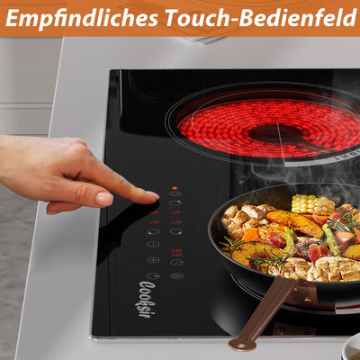 Cooksir Glaskeramikkochfeld mit Rahmen, Einbau 4 Kochfelder, Duale und Ovale Zonen fur Gril, Kochfeld Autark 59cm, 6700W, Sicherheitsschloss, Kein Stecker